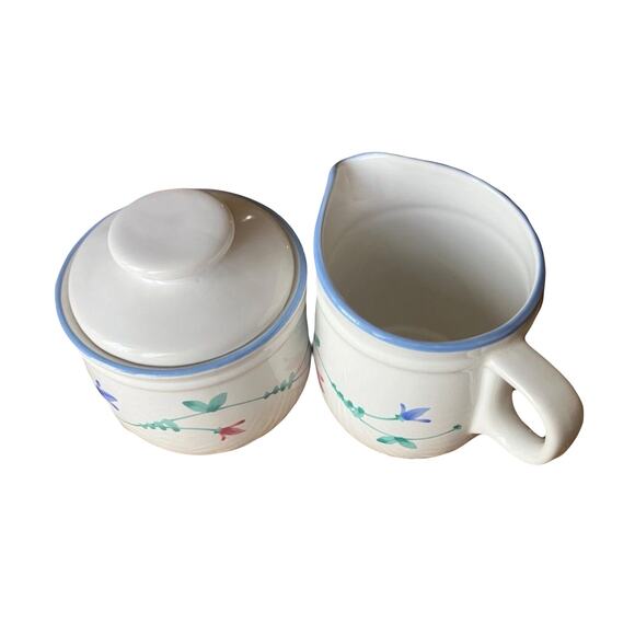 Savoir Vivre Cream & Sugar Bowl Set Portofino Blue Floral Vintage - Picture 4 of 6